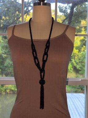 Black Beaded Long Tassel Necklace - Unbranded